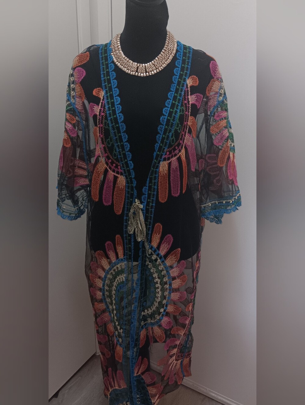 Sheer Embroidered Black Kimono Tunic with Multicolor Accents